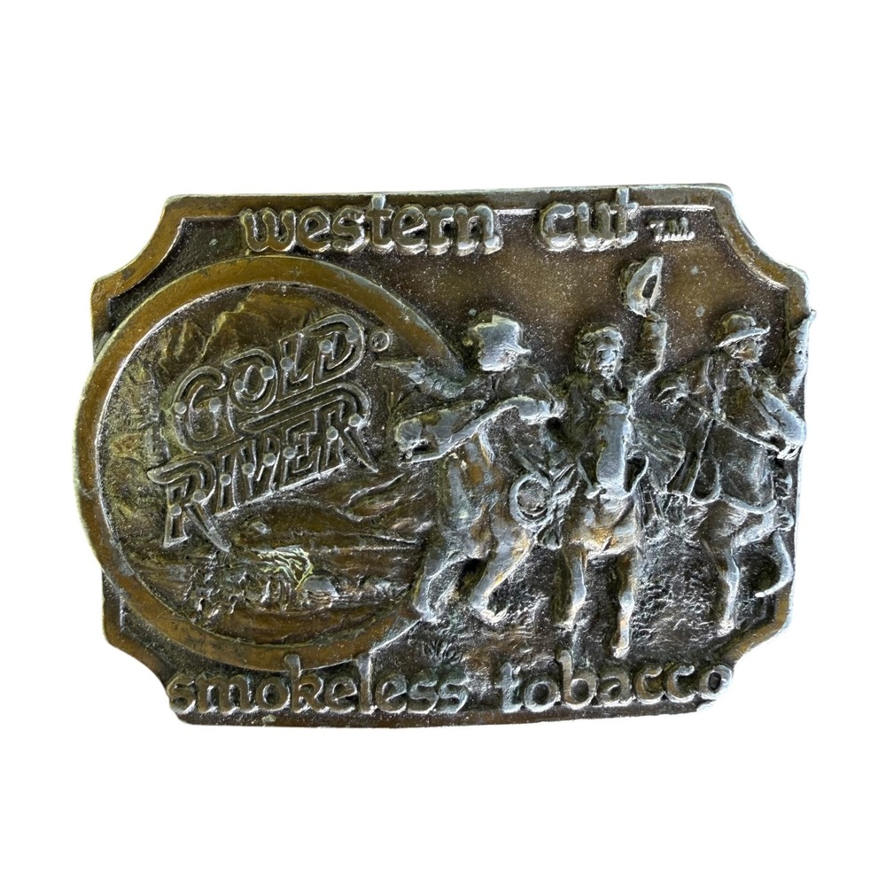 Vintage 1982 Gold River Western Cut Tobacco Belt Buckle Siskiyou USA Made
